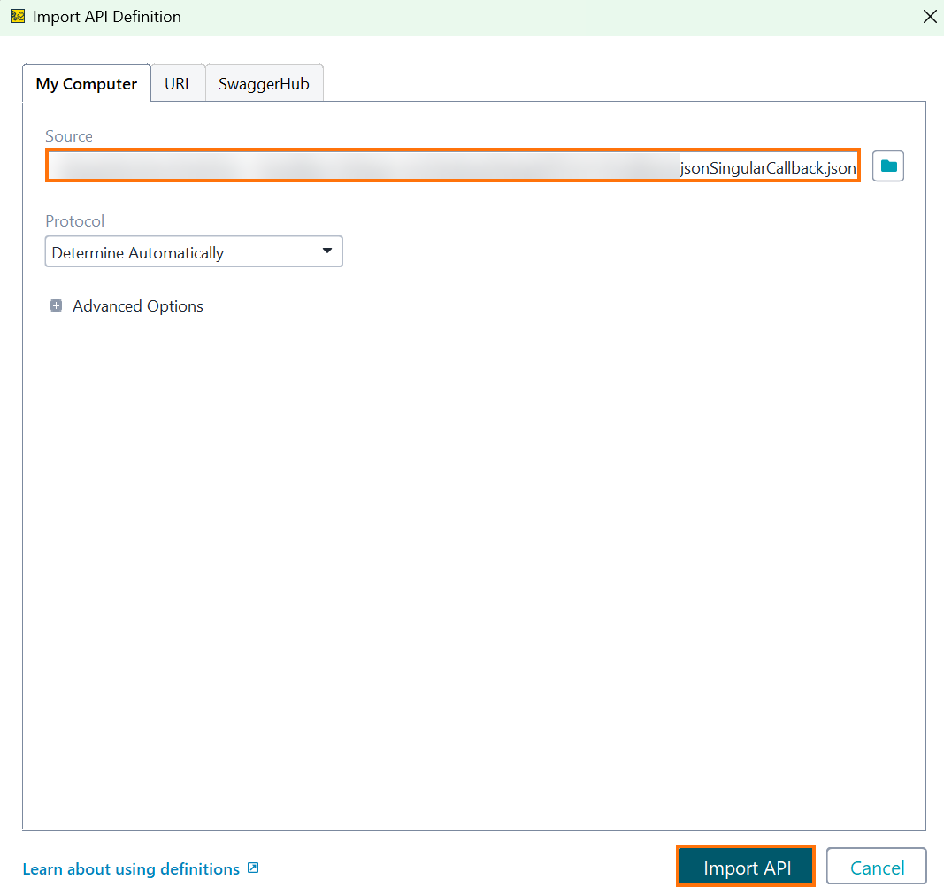 ReadyAPI Import API Definition dialog with tabs for My Computer, URL, and SwaggerHub and a sample file selected for import