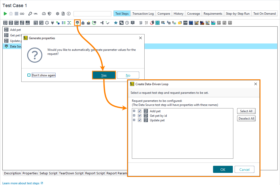 Setting up a data source loop in ReadyAPI: Automatic setup