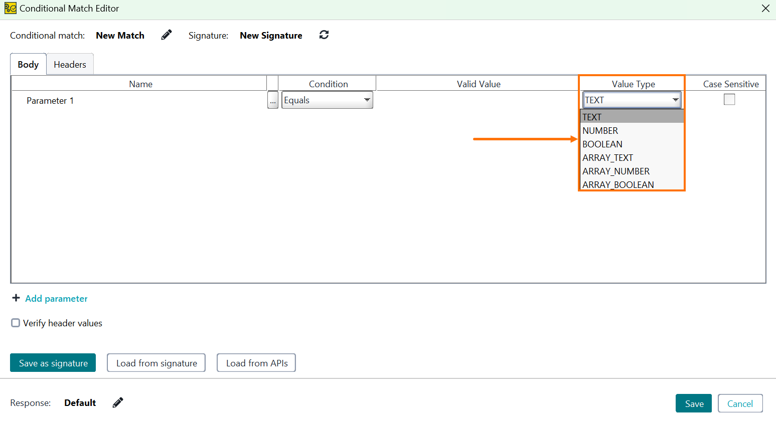 Dropdown menu showing supported value types (String, Boolean, Number, Array of Strings, Array of Booleans, Array of Numbers) in the Conditional Match Editor.