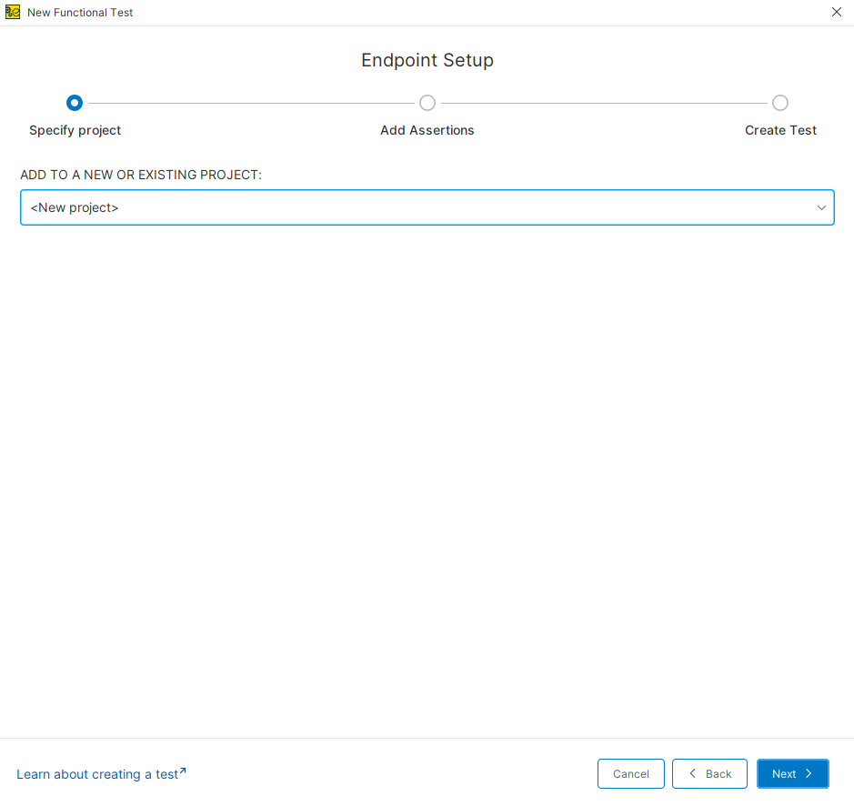 Select project for new functional test ReadyAPI Endpoint Setup dialog showing the option to add a new functional test to a new or existing project.