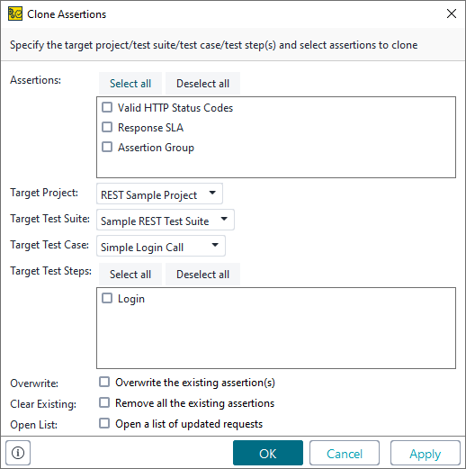ReadyAPI: The Clone Assertions dialog ReadyAPI: The Clone Assertions dialog