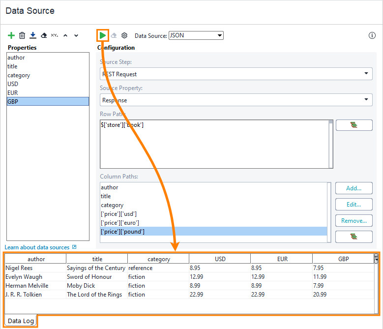 Configuring JSON data source: Run data source Configuring JSON data source: Run data source