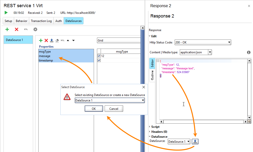 Service virtualization and API testing: Create data source properties from JSON response