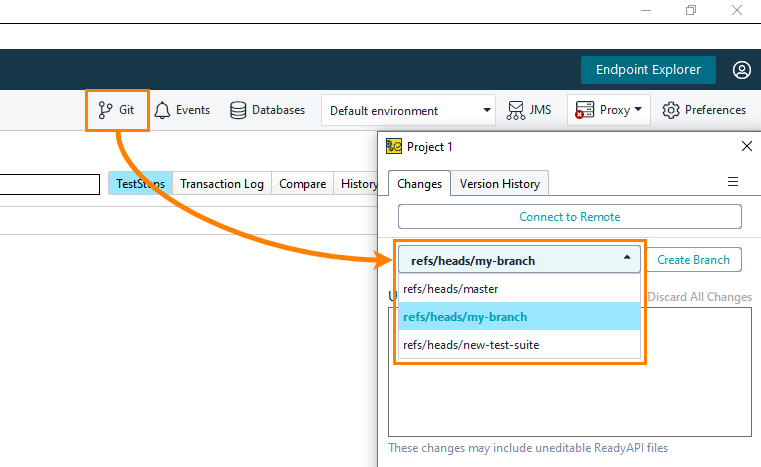 Git integration in ReadyAPI: Selecting branch Git integration in ReadyAPI: Selecting branch
