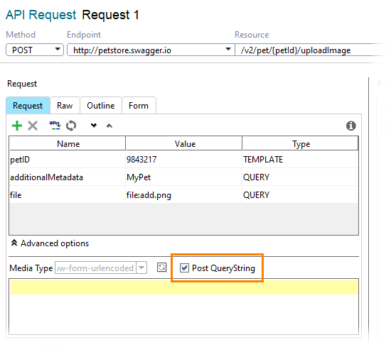 Attachments in ReadyAPI: Setting the Post QueryString option