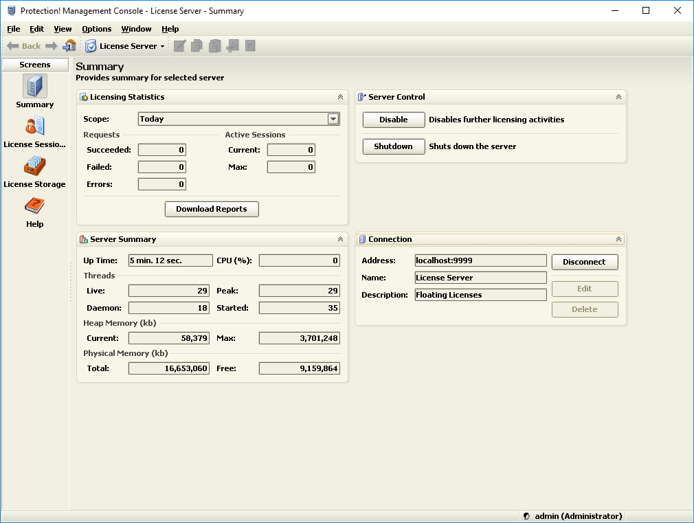 Console: Summary view after connecting