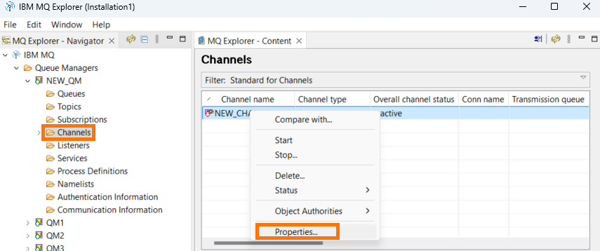 Right-click menu on server-connection channel under Channels for opening Properties dialog