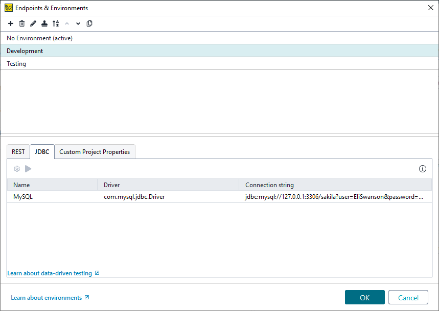 ReadyAPI: The JDBC tab of the Environments editor