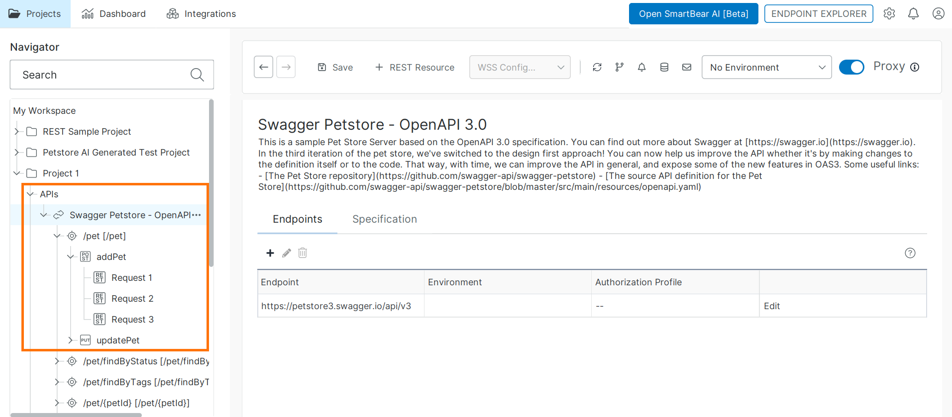 Navigator panel showing API hierarchy with an API, resource (/pet), operations (addPet, updatePet), and requests under each operation.