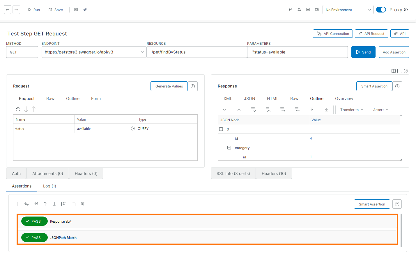 ReadyAPI Assertions: JSONPath Match Passed ReadyAPI interface showing passed assertions including JSONPath Match and Response SLA.