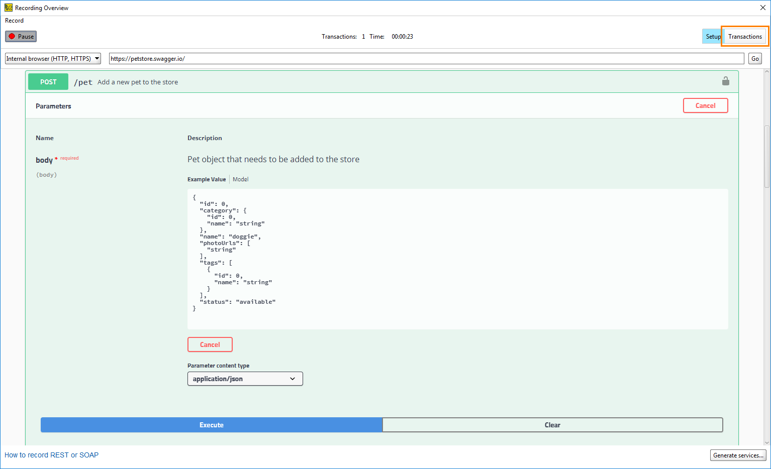 ReadyAPI REST Discovery: Open the Transactions page ReadyAPI REST Discovery: Open the Transactions page