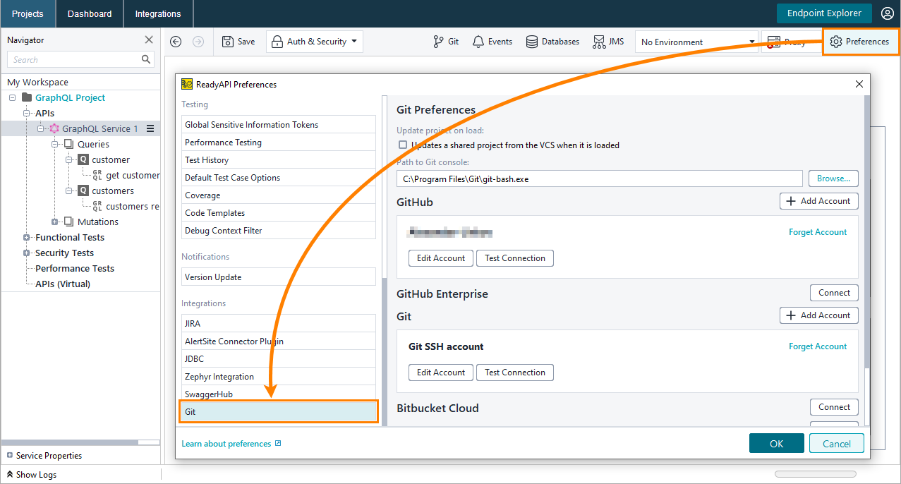 Git integration: Access Git accounts via Preferences