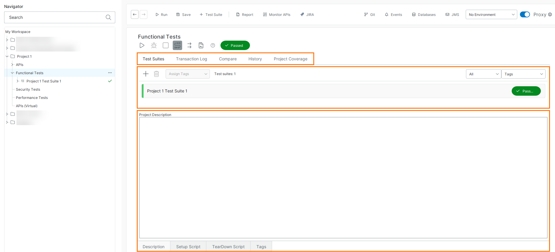 Project Editor in ReadyAPI showing functional tests, test suite list, navigation tabs, and configuration panels.