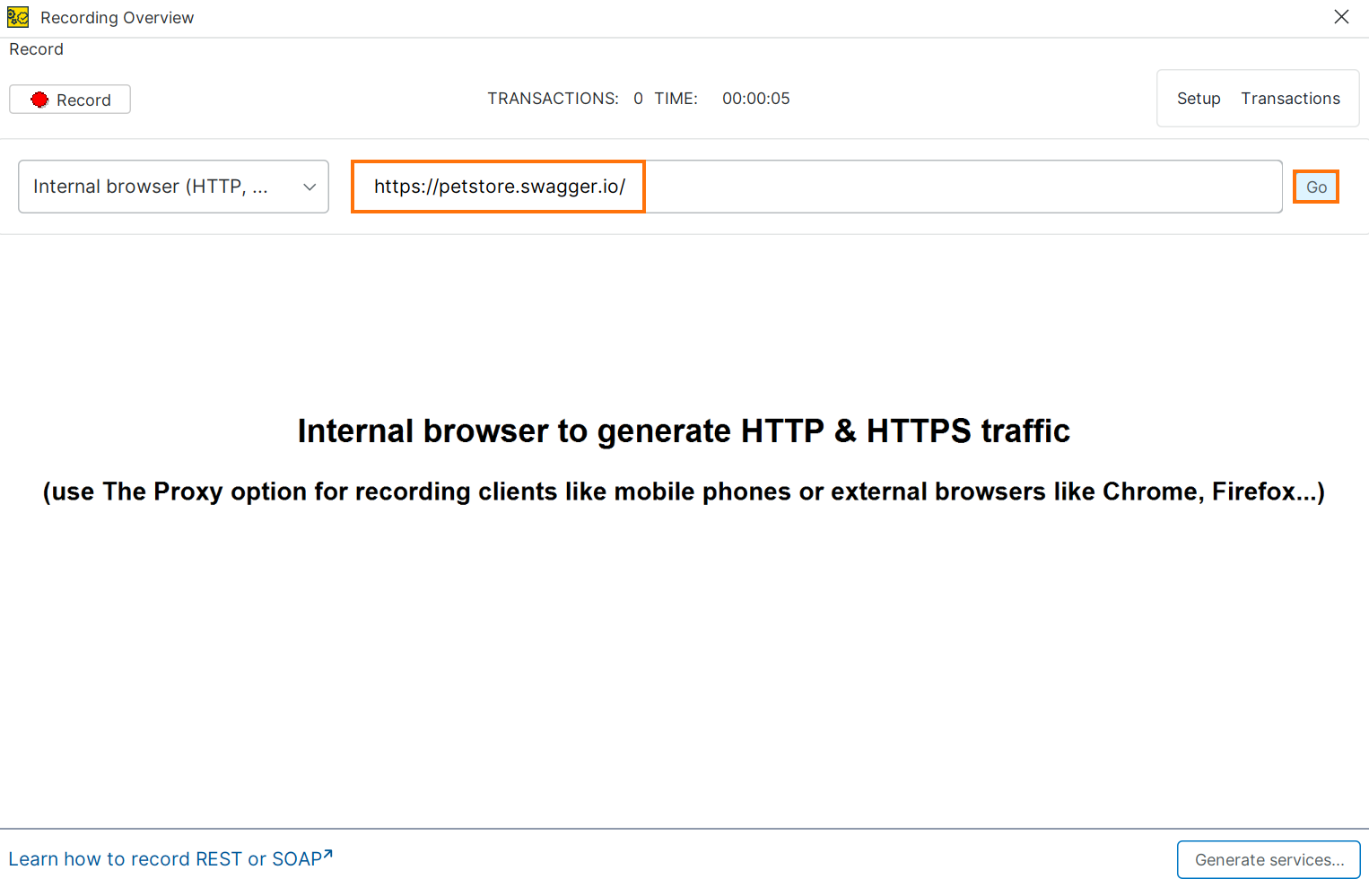 Recording Overview: URL Field and Go Button Highlighted Recording Overview window showing the internal browser with https://petstore.swagger.io/ in the URL field and the Go button highlighted, before recording has started.