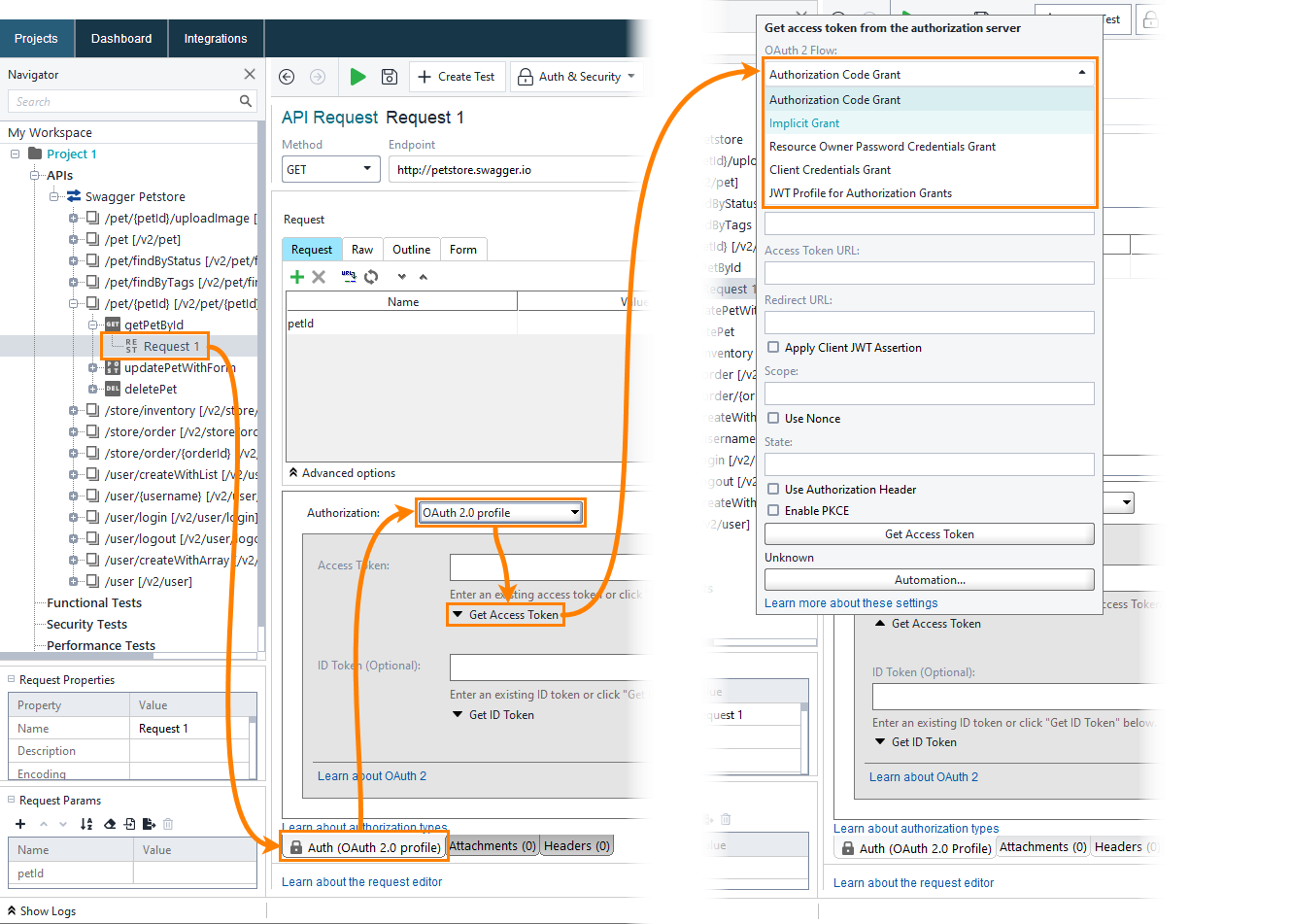 Select OAuth 2.0 flow via the Auth panel Select OAuth 2.0 flow via the Auth panel
