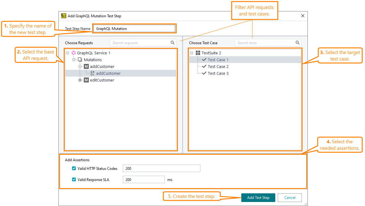 GraphQL testing in ReadyAPI: Add GraphQL Mutation Request test step dialog