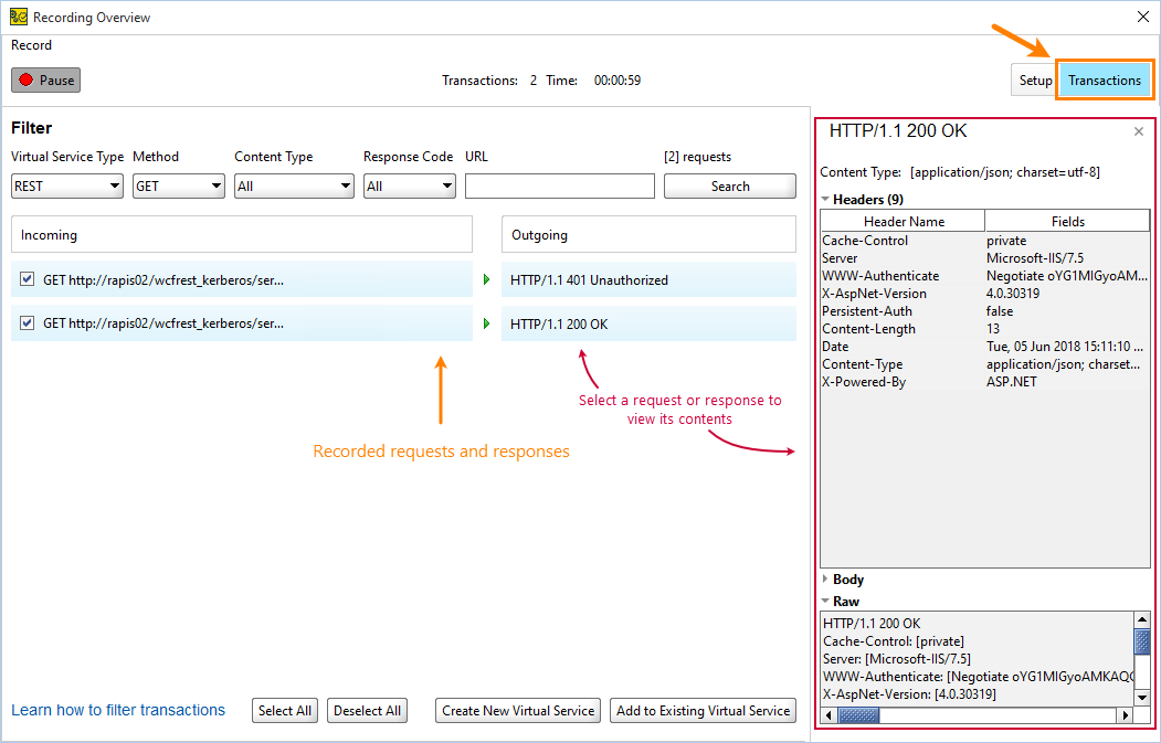 Service virtualization: Recorded authentication requests and responses