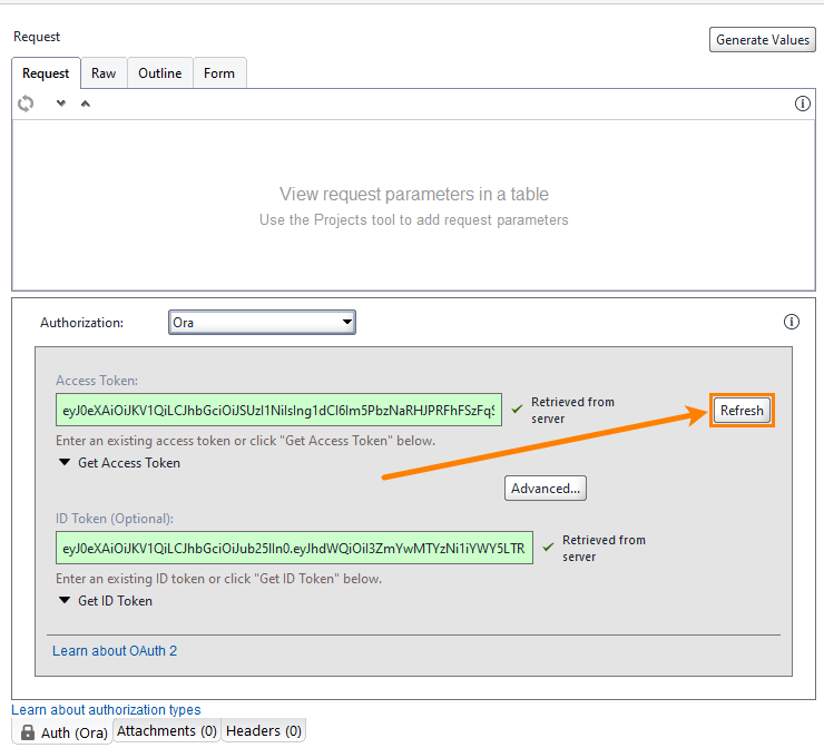 The Refresh button for the manual refresh access token in the Auth panel