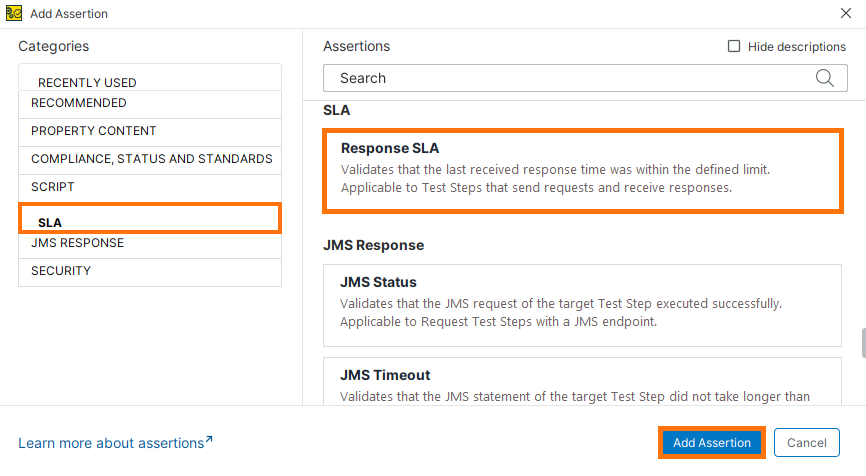 Select Response SLA assertion and add it Add Assertion dialog in ReadyAPI showing SLA category selected, Response SLA assertion highlighted, and Add Assertion button.