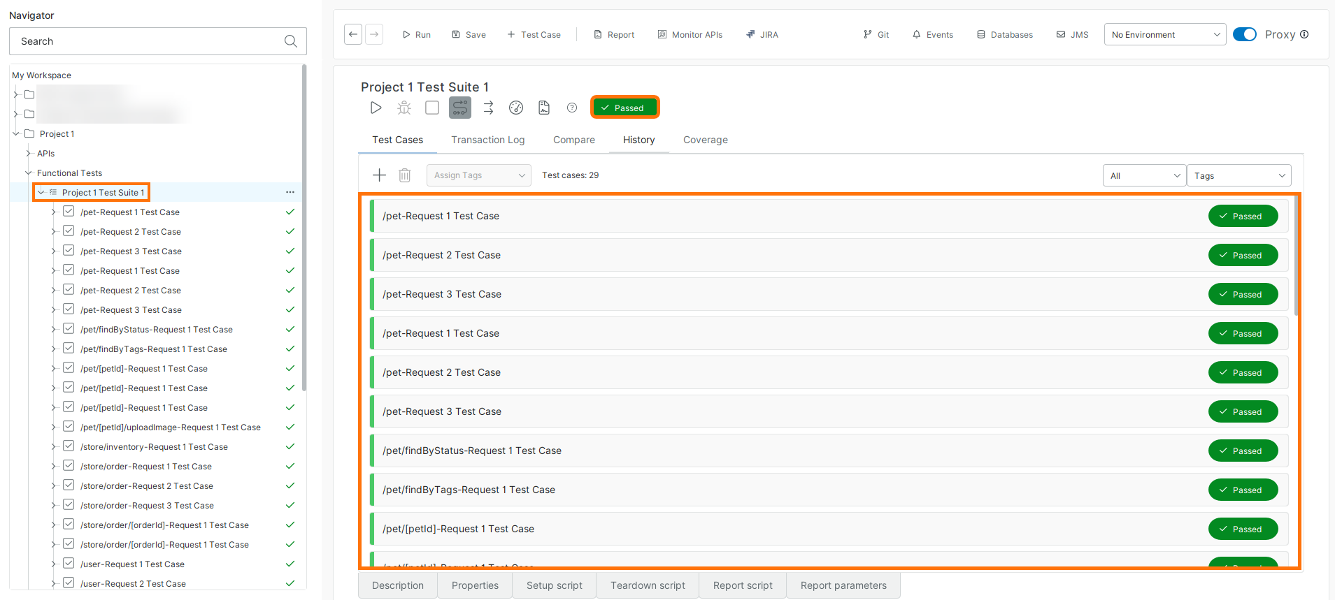 View test suite execution results in ReadyAPI ReadyAPI showing a test suite with multiple test cases all marked as Passed after execution.