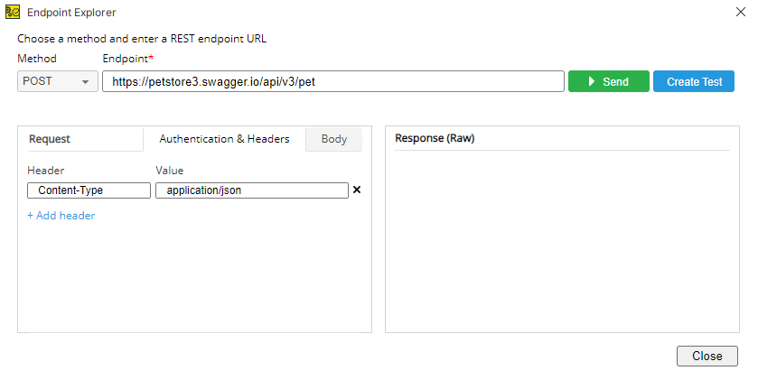 Configure POST request in Endpoint Explorer ReadyAPI Endpoint Explorer showing a POST request to the Petstore v3 /pet endpoint with Content-Type set to application/json.
