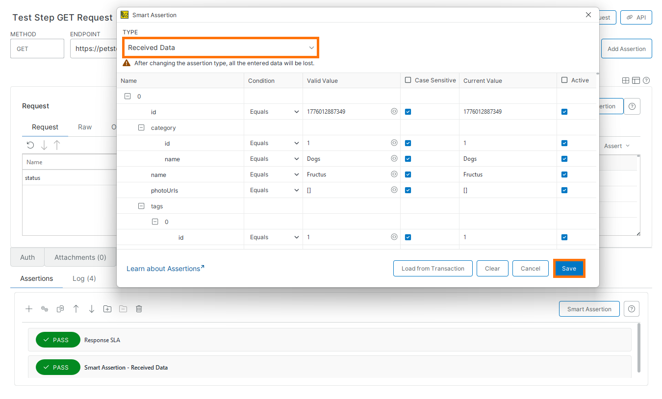 Smart Assertion dialog with Received Data Smart Assertion dialog in ReadyAPI showing received data validation fields and values.