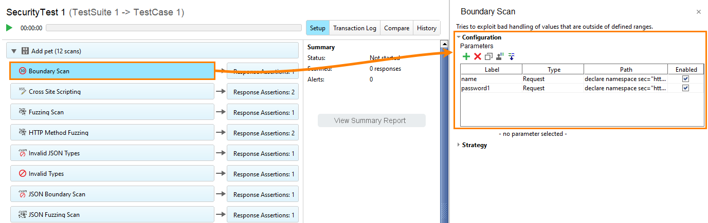 ReadyAPI: Security Scans parameters table