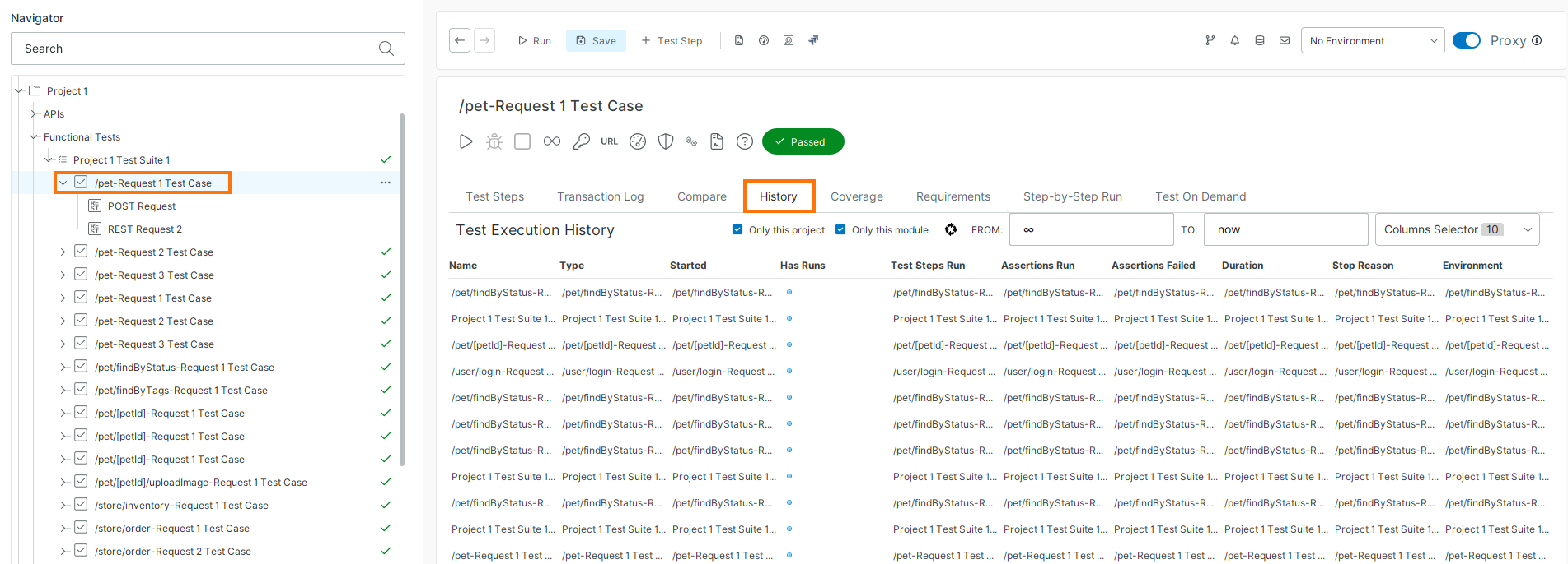 History tab showing execution history for a single test case in ReadyAPI.