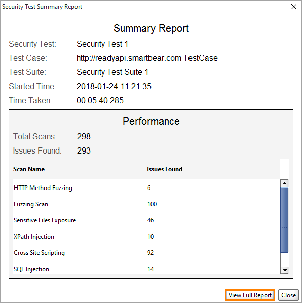 ReadyAPI: The View Full Report button in the dialog