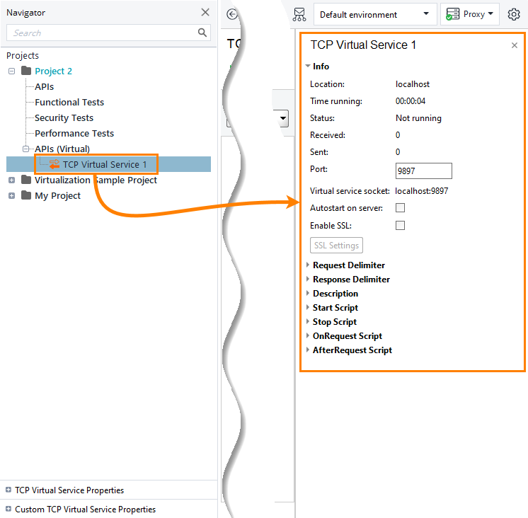 Service virtualization and API testing: Properties of the TCP virtual service