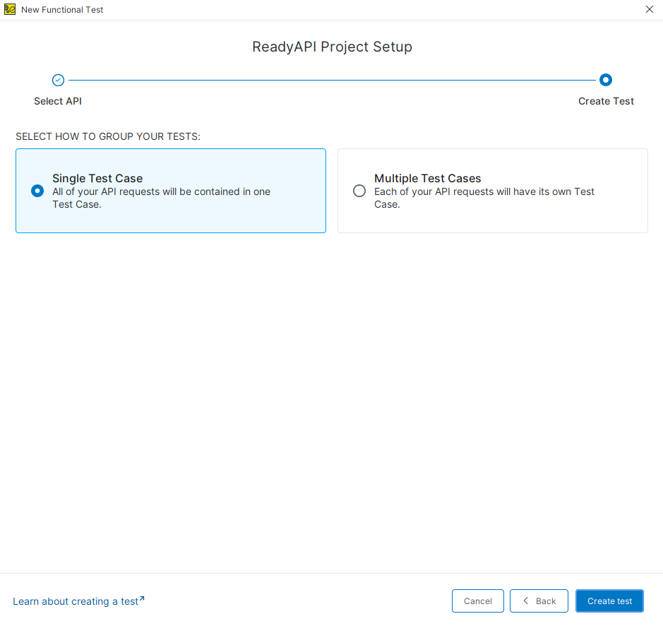 ReadyAPI Project Setup: Select Test Case Structure Choose between a single test case or multiple test cases when creating a functional test from an existing ReadyAPI project.