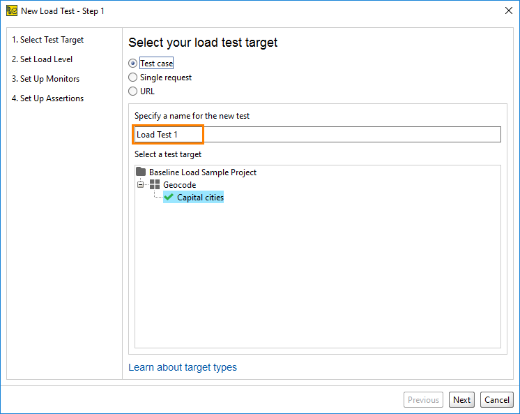 API load testing with ReadyAPI: Creating a load test from Template: Set Test Name
