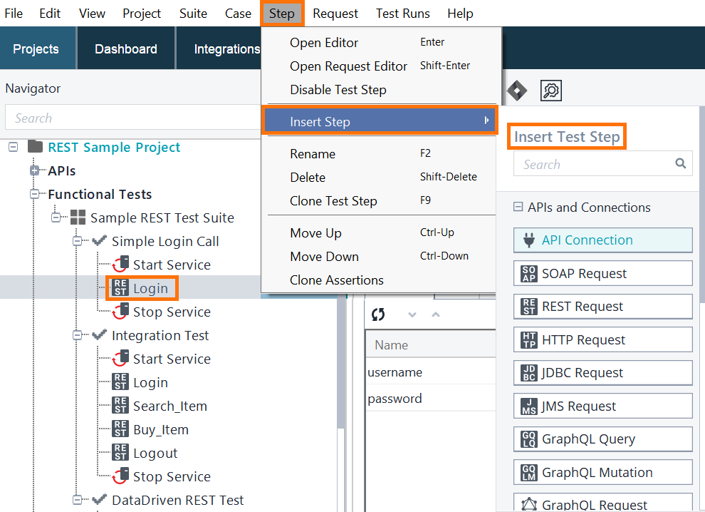 Insert Test Step in the Middle of a Test Case – Main Menu Screenshot of ReadyAPI showing how to insert a test step in the middle of a test case using the Step > Insert Step menu option.