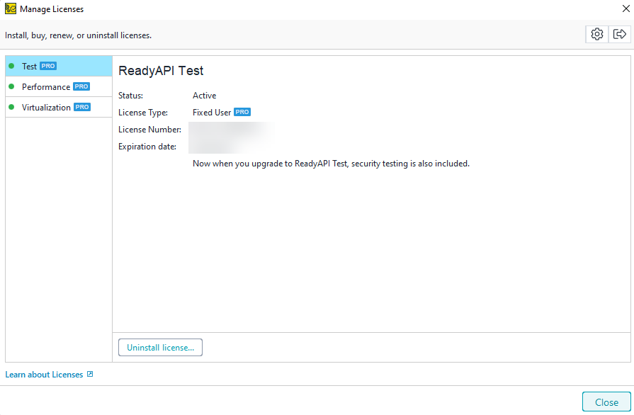 Screenshot of ReadyAPI showing an active Fixed User license in the License Manager with the option to uninstall the license.
