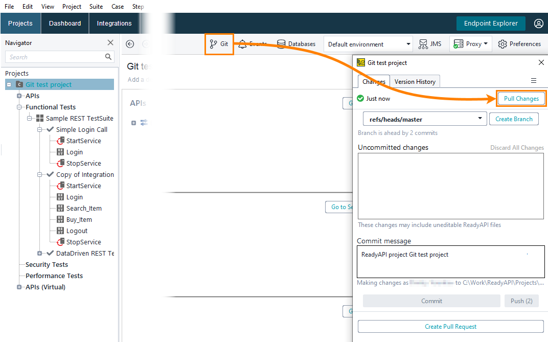Git integration in ReadyAPI: Pull changes in Git panel