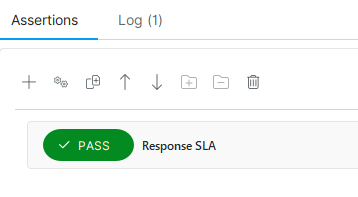 Response SLA assertion passes ReadyAPI Assertions panel showing a Response SLA assertion with PASS status.