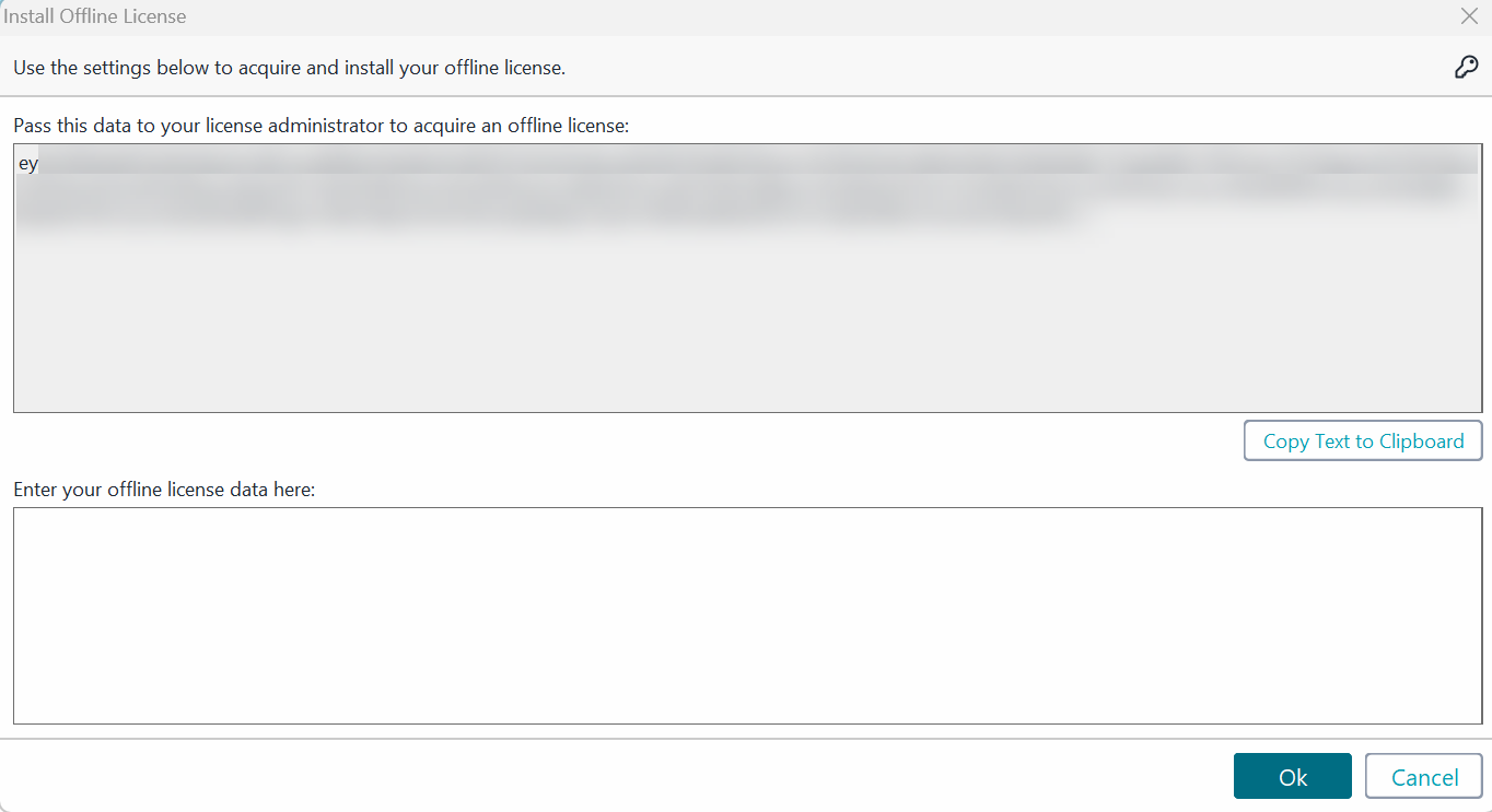 Screenshot of ReadyAPI showing the Install Offline License dialog with the machine fingerprint to send to the administrator and a field to enter offline license data.