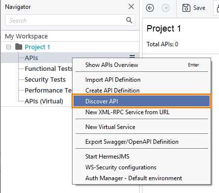 API testing: Discover API context menu