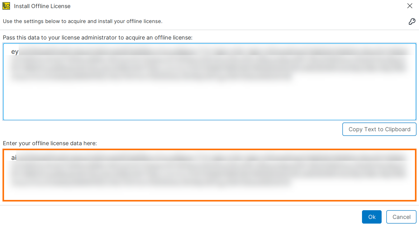 RAPI_Screenshot_Enter_Offline_License_Data.png ReadyAPI Install Offline License dialog highlighting the field where offline license data is pasted.