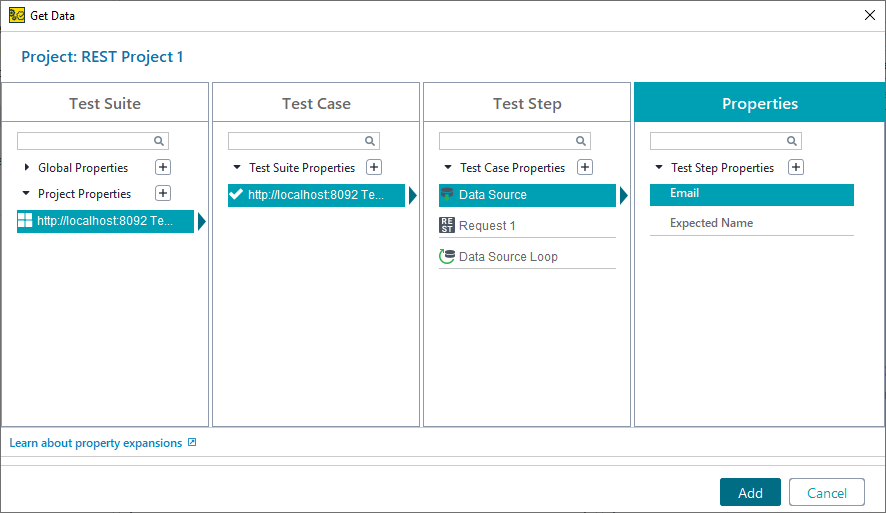 ReadyAPI: Selecting the data source property ReadyAPI: Selecting the data source property