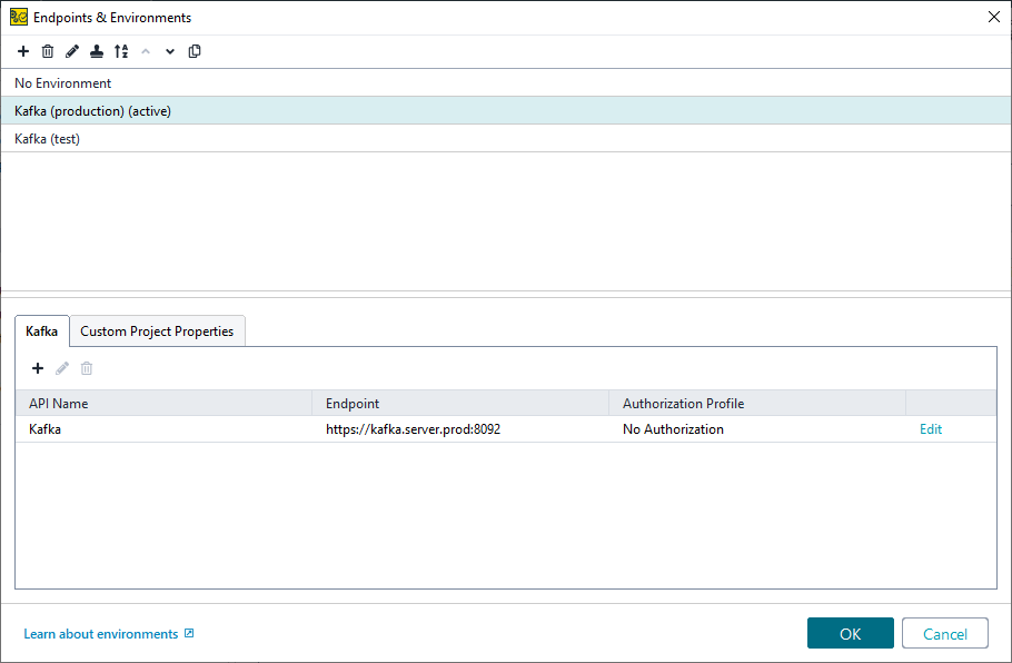 Environments in ReadyAPI: The Kafka tab of the Environments editor Environments in ReadyAPI: The Kafka tab of the Environments editor