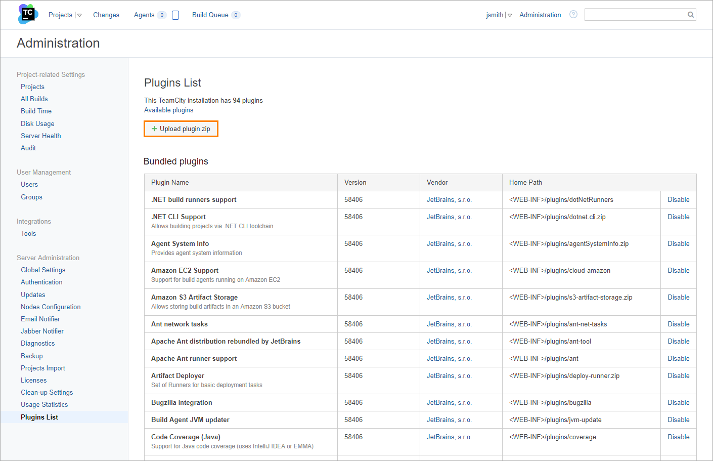 TeamCity: The Plugins List screen