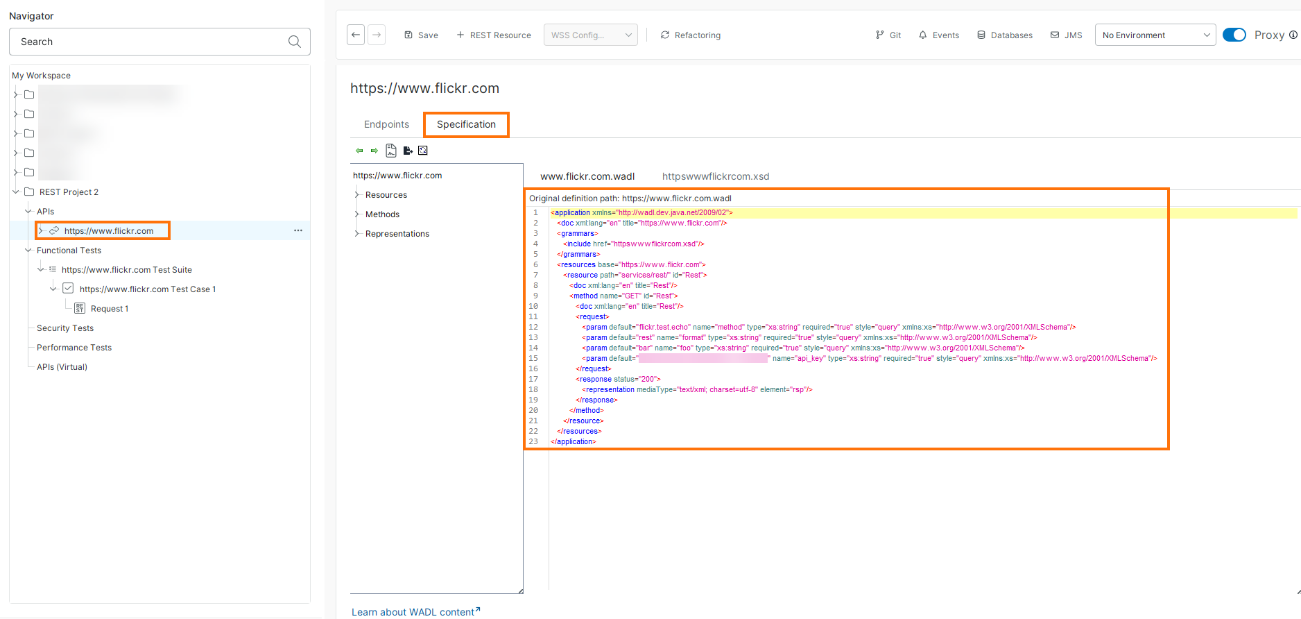 Flickr API Specification Tab Showing Generated WADL Definition ReadyAPI Navigator panel showing REST Project 2 with the https://www.flickr.com API selected and highlighted in orange under APIs. The main editor shows the https://www.flickr.com API with the Specification tab active and highlighted in orange. The left p