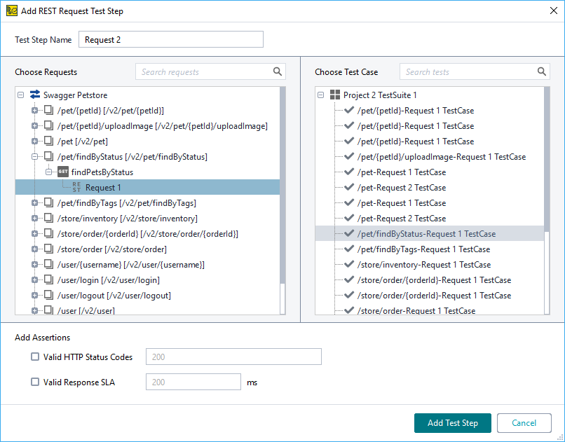 Add New REST Request test step dialog