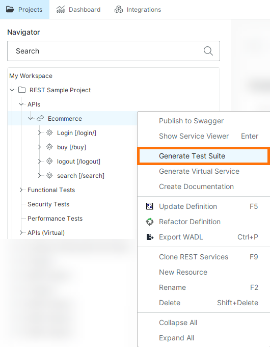 Generate Test Suite from service context menu Right-click menu on a service in the Navigator showing the Generate Test Suite option selected.