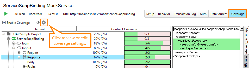 Coverage testing of virtual web services: Opening the Coverage Options dialog