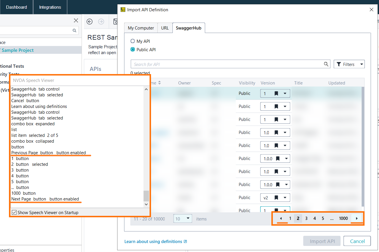 NVDA Speech Viewer announcing navigation buttons in the RAPI interface, demonstrating accessibility support.