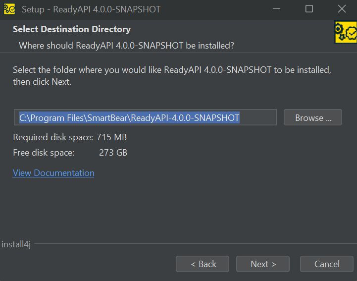 Setup: Select Installation Directory ReadyAPI setup wizard showing destination folder selection and disk space information.
