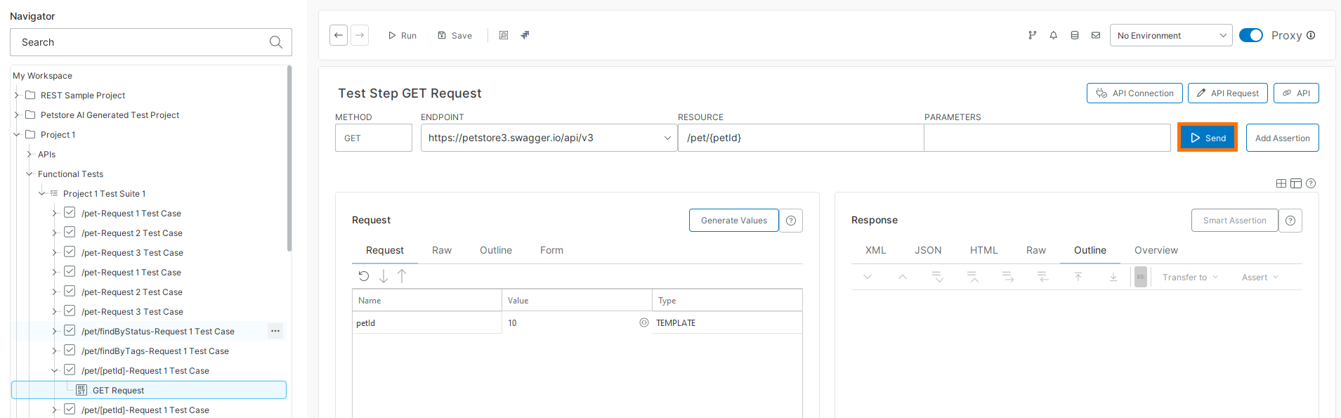 Send a request from the ReadyAPI request editor ReadyAPI request editor with a GET request selected and the Send button highlighted to execute the request.
