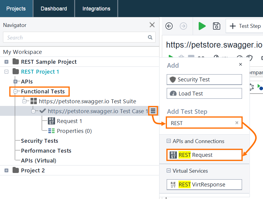 Functional Web Service Testing with ReadyAPI: Add a REST Request Test Step from the Flyout Menu Flyout menu in ReadyAPI showing the REST Request test step highlighted, with the Search field in use to quickly locate the step